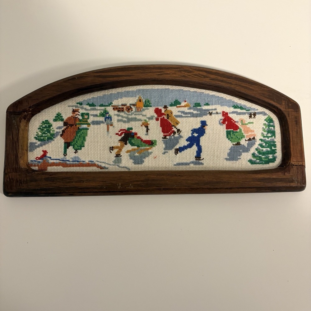 Vintage Framed Handmade Needlepoint Cross Stitch Winter Ice Skating Scene